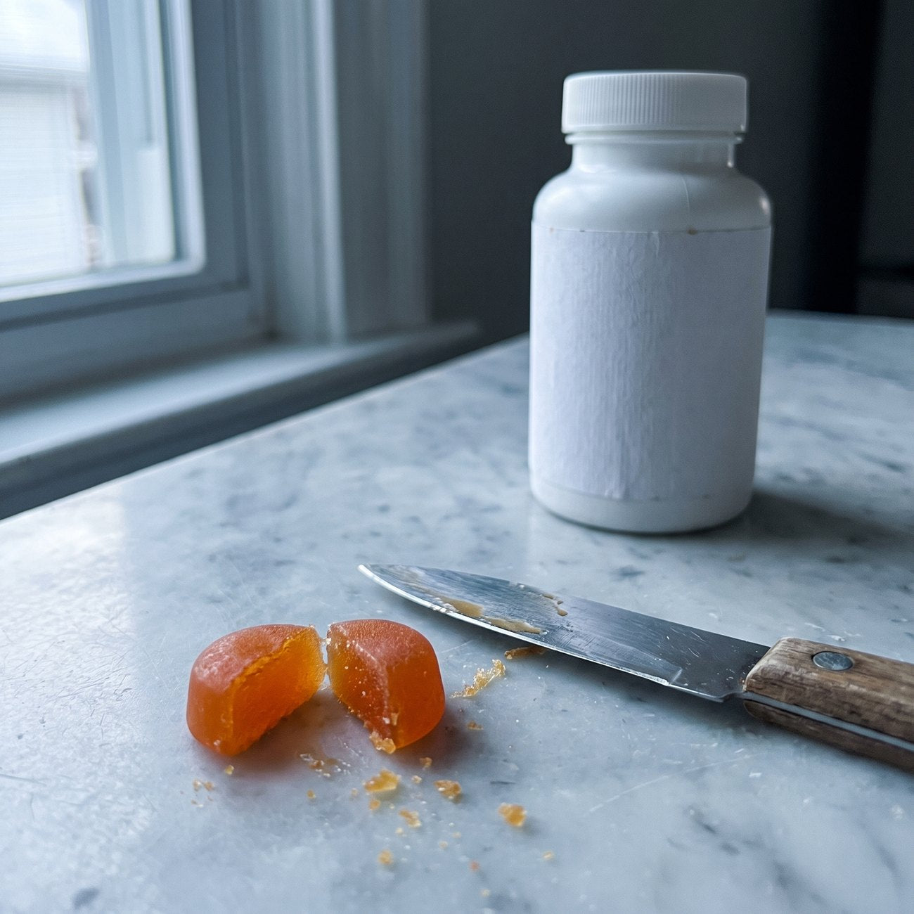 Gummy cut in half on a counter, knife beside it (1200 x 1200)